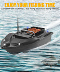 RC Fishing Bait Boat With GPS Positioning Long Range Remote Control, black, on water with bait loaded, 1968 ft range