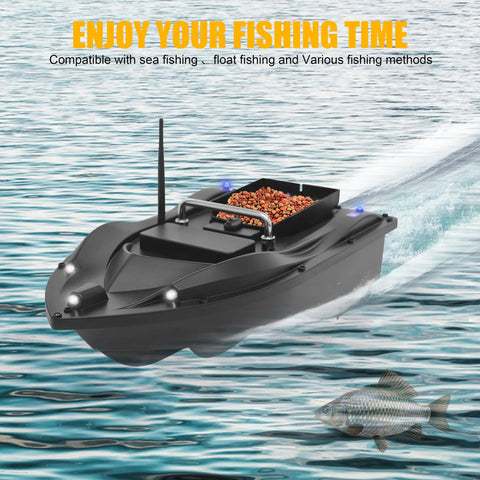 RC Fishing Bait Boat With GPS Positioning Long Range Remote Control, black, on water with bait loaded, 1968 ft range