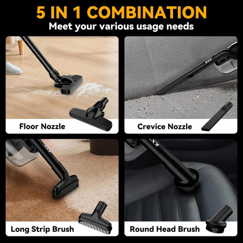 5 in 1 combination of nozzles for No Fuss Heavy Duty Cordless Handheld Vacuum Five In One With 500 Watt Motor And 46 Cubic Feet Airflow.