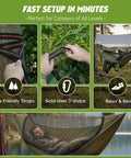 2 Person Camping Hammock With Mosquito Net And Built In Underquilt, Rain Fly Tarp shown with setup process and relaxation scene.