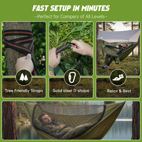 2 Person Camping Hammock With Mosquito Net And Built In Underquilt, Rain Fly Tarp shown with setup process and relaxation scene.