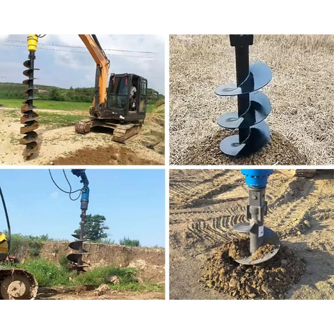 Heavy Duty Excavator Earth Auger Drive Unit With 2000Nm Hydraulic Power shown in operation on various terrains.