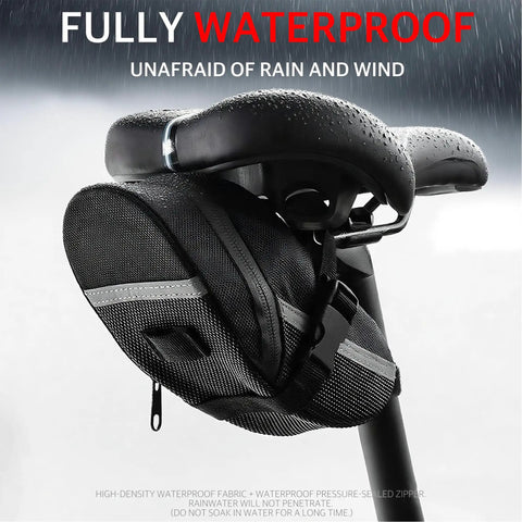 Under Seat Bike Bag With Reflective Strip on wet bike saddle, waterproof saddle pouch for road and mountain bikes, durable 600D fabric