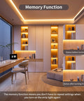 Lit 2700K COB LED Strip Light Kit in a modern living room with dimmable warm white LEDs highlighting shelves and ceiling.