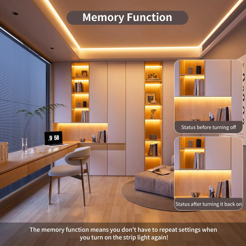 Lit 2700K COB LED Strip Light Kit in a modern living room with dimmable warm white LEDs highlighting shelves and ceiling.