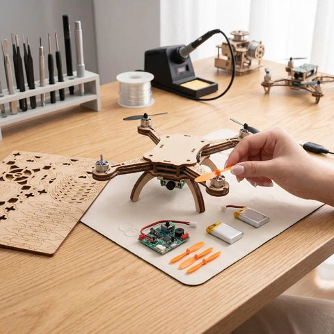 Beginner Friendly DIY Wooden Drone Kit With Full Protective Frame shown on desk with components for safe learning and practice