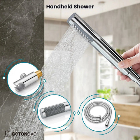 10 Inch Round Rainfall Shower System With Wall Mount High Pressure Shower Head Set Rough In Valve And Cylindrical Handheld Spray In Polished Chrome All Metal SUS304 Stainless Steel Construction Built Tough handheld spray