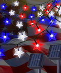 Two Pack Solar Powered Patriotic Star String Lights With 100 LEDs Each 33 Ft Long Waterproof Outdoor Decor