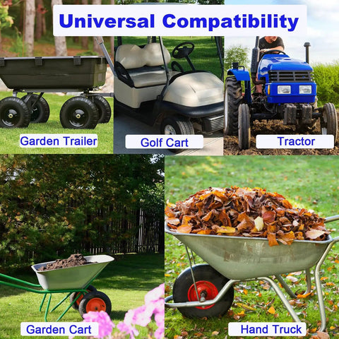 Collage of garden trailer, golf cart, tractor, garden cart, and hand truck for use with 3.00-3.25-8 Replacement Inner Tubes With TR-87 Bent Valve Stem.