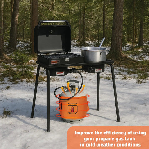 Propane Tank Warmer Blanket With Thermostat and Timer, Adjustable 41 To 122 F, installed on LP cylinder under outdoor grill