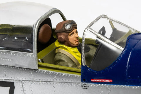 Close-up of pilot figure in North American P-51D Mustang A14001V Model Kit Unpainted With Paints And Glue Sold Separately Easy Build