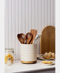 360 Degree Rotating Extra Large Ceramic Utensil Holder for Countertop With Rotatable Wooden Base Deep Capacity Kitchen Utensil Crocks Arctic White Farmhouse Decor on a countertop