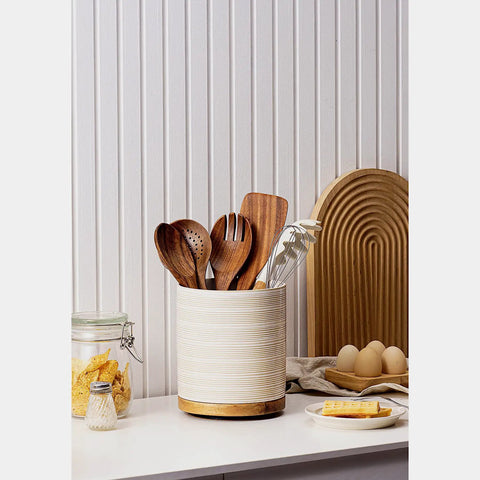 360 Degree Rotating Extra Large Ceramic Utensil Holder for Countertop With Rotatable Wooden Base Deep Capacity Kitchen Utensil Crocks Arctic White Farmhouse Decor on a countertop