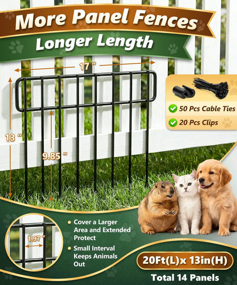 14 Panel 20 Ft No Dig Garden Fence Animal Barrier Kit for Dogs and Rabbits shown with black metal panels and dimensions.