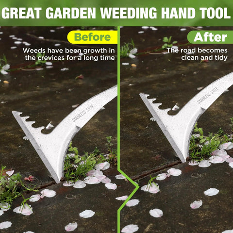 Image showing before and after using Crack Weeder With L Shaped Blade And Soft Grip Stainless Steel Handle For Effortless Root Pulling And Removal