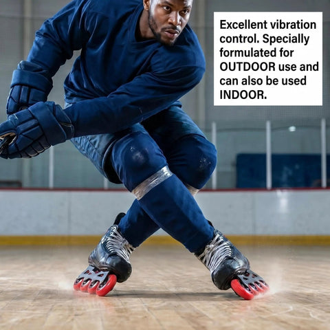Skater on indoor rink with 8 Pack Go To Inline Skate Wheels 72mm 76mm 80mm with ABEC 9 Bearings, red wheels visible