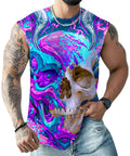 Men 3D Cyber Mechanical Skull Graphic Tank Top Moisture Wicking Quick Dry Sleeveless Workout Shirt worn by a muscular man.