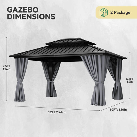 10x12 Ft Hard Top Aluminum Frame Gazebo With Double Roof Canopy For Patios Backyards Decks And Lawns Gray Built To Last With Curtains And Netting.
