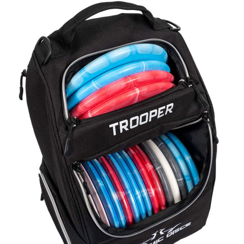 Trooper Disc Golf Backpack Holds 18 Plus Discs, Lightweight Yet Tough Bag For Beginners, spacious gear carrier showing discs