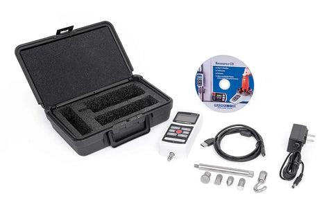 M5 Digital Force Gauge, 200 Lbf Capacity, Built For Speed With 7000 Hz Sampling, USB RS-232 And Analog Outputs, 0.1% Accuracy, 1000 Point Memory, Built In Statistics, Extendable Up To 2000 Lbf 10 kN, carrying case and accessories