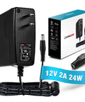 12V 2A 24W Power Supply Adapter With 5.5mm By 2.1mm Plug Also Compatible With 2.5mm, 100-240V AC To DC Wall Wart Converter shown with packaging