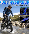 Rider on 1500W Peak Electric Bike For Adults, 35 MPH Off Road And City Commute with fat 20x4.0 tire and full hydraulic suspension