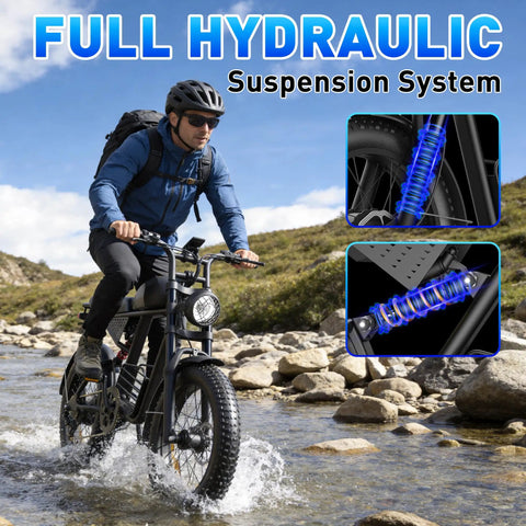 Rider on 1500W Peak Electric Bike For Adults, 35 MPH Off Road And City Commute with fat 20x4.0 tire and full hydraulic suspension
