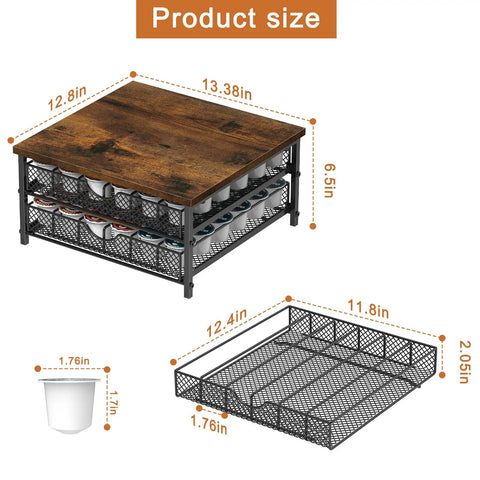 Dimensions of Coffee Pod Drawer Storage Organizer With Sliding Baskets For 72 Pods, Rustic Wood Top, Sturdy Black Finish
