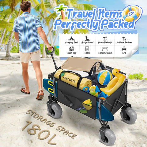 All Terrain Beach Wagon With 9 Inch Inflatable Tires, Heavy Duty Foldable Cart packed with beach gear on a sandy beach