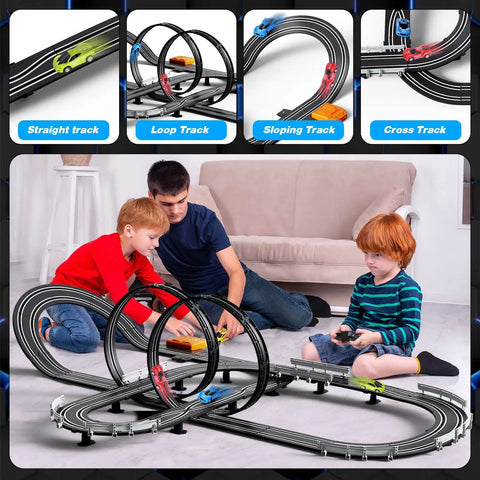 Children playing with Epic Slot Car Race Track Set For Kids With Four High Speed Cars Two Hand Controllers Dual Power Modes