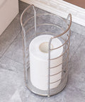 Free Standing Toilet Paper Holder Stand In Brushed Nickel Stainless Steel with 3 rolls visible, on tile floor