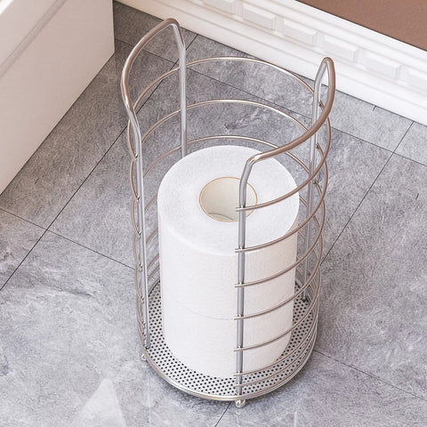 Free Standing Toilet Paper Holder Stand In Brushed Nickel Stainless Steel with 3 rolls visible, on tile floor