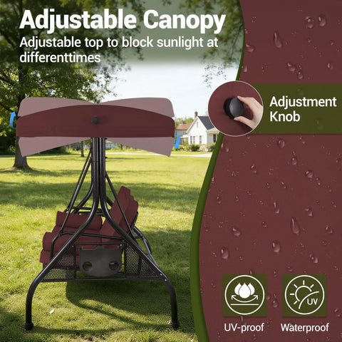 Adjustable canopy on Three Seat Outdoor Porch Swing With Adjustable Canopy And Convertible Bed Two In One Patio Glider