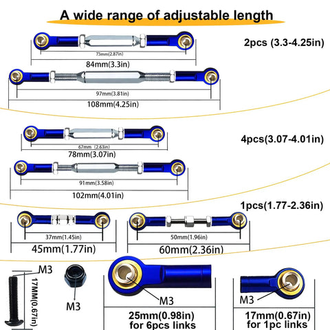 Stainless Steel Adjustable Turnbuckles And Camber Link Set With Rod Ends For Traxxas RC Cars, blue, various sizes shown