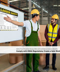 Workers reviewing OSHA Ladder Safety Poster With 3 Points Of Contact And 4 To 1 Ladder Angle Guide in warehouse setting