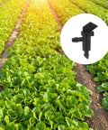 Lettuce field with an inset of 100 Pack 1 GPH Flag Drip Emitters For Garden Drip Irrigation System No Hassle 4mm To 7mm Hose Compatible
