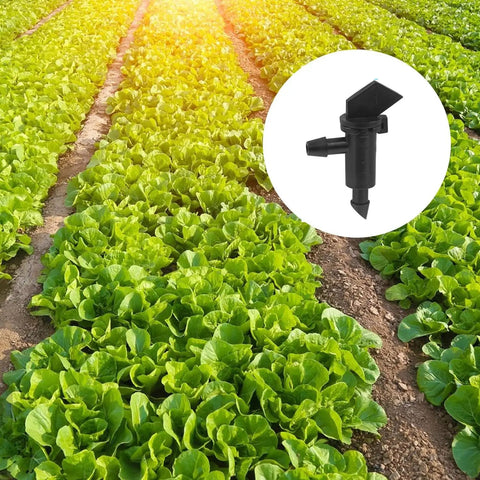 Lettuce field with an inset of 100 Pack 1 GPH Flag Drip Emitters For Garden Drip Irrigation System No Hassle 4mm To 7mm Hose Compatible