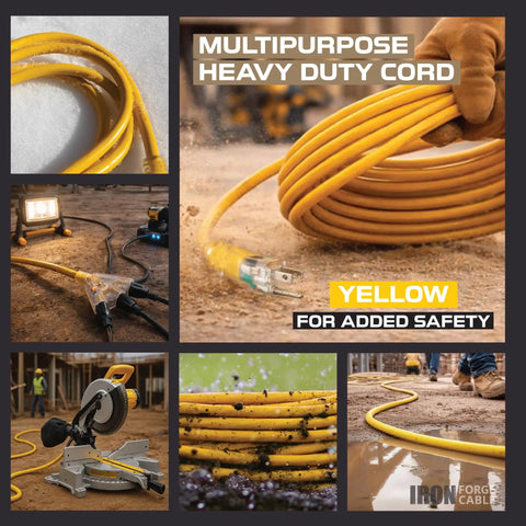 Heavy Duty 25 Foot Lighted Outdoor Extension Cord with 3 Outlets coiled on ground, yellow, waterproof, 12/3 SJTW, 15 Amp. 