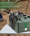 5 Gallon Water Jug For Camping And Overlanding, Leak-Proof Water Storage With Spigot, BPA Free Large Military Green Water Tank for outdoors, on table.