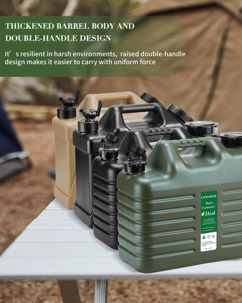 5 Gallon Water Jug For Camping And Overlanding, Leak-Proof Water Storage With Spigot, BPA Free Large Military Green Water Tank for outdoors, on table.