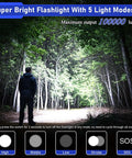 Beast Mode 100000 Lumen Flashlight With Zoom Beam highlighting a forest, showcasing super bright illumination and 5 light modes