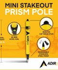 Mini Stakeout Prism Pole Made From Aluminum For High Accuracy Surveying On Site With Field Ready Pro Grade Build Electrostatic Powder Coat Built In Bubble Vial And Carrying Case Included In Bright Yellow diagram showing 40-min level vial and 5/8" stud.