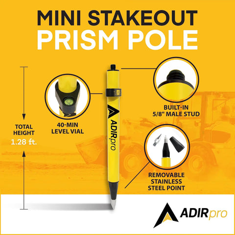 Mini Stakeout Prism Pole Made From Aluminum For High Accuracy Surveying On Site With Field Ready Pro Grade Build Electrostatic Powder Coat Built In Bubble Vial And Carrying Case Included In Bright Yellow diagram showing 40-min level vial and 5/8" stud.