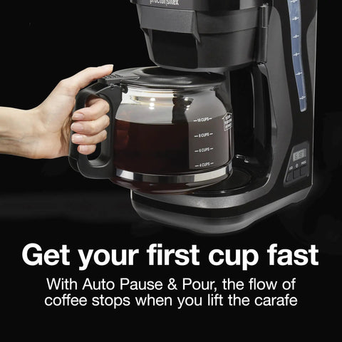 FrontFill Drip Coffee Maker Digital Programmable 12 Cup Glass Carafe Black And Silver With Easy Fill Reservoir And Swing Open Brew Basket For Space Saving Under Cabinet Kitchens