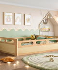 Full Size Floor Platform Bed For Toddlers With Full Length Guardrails On Three Sides Keeps Kiddo Sleepers Safe Natural Wood Finish