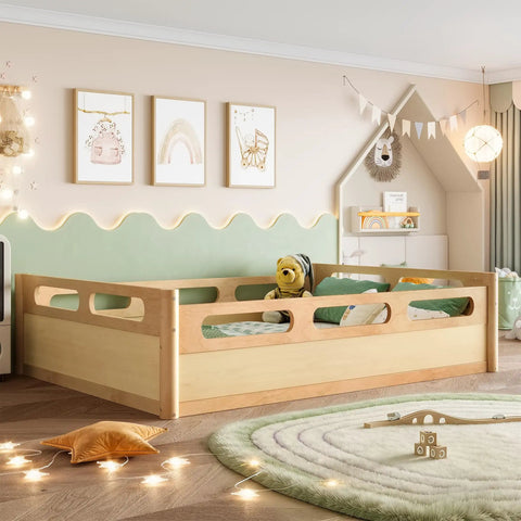 Full Size Floor Platform Bed For Toddlers With Full Length Guardrails On Three Sides Keeps Kiddo Sleepers Safe Natural Wood Finish