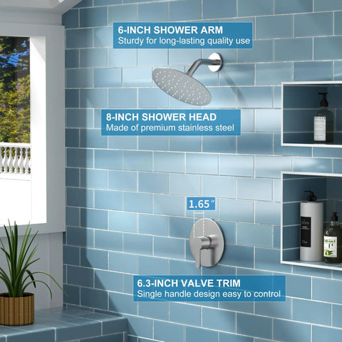 Brushed Nickel Shower Faucet Set With 8 Inch Rainfall Showerhead, Single Handle Valve Included, Full Trim Kit."
