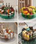 Clear Lazy Susan Turntable Organizer displaying kitchen, fruit, cosmetics, and snack storage in four sections