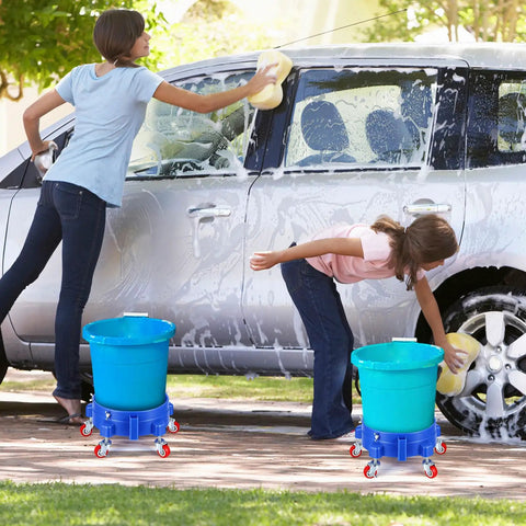 Get This 5 Gallon Bucket Dolly Cart With Swivel Casters For Easy Mobility, used while washing a car with two blue dollies.