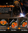 Powerful Welding Magnets Set 2 Pieces For 45 90 135 Degree Angles showing usage in securing metals at various angles for welding.